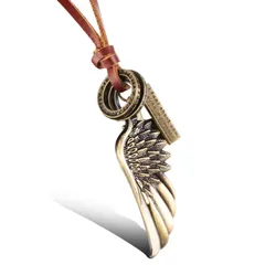 Richapex レザー 羽根 ネックレス 本皮 ブロンズ フェザー ペンダントメンズ ネックレス カジュアル羽ねっネックレス メンズ 人気革紐アクセサリー 父の日
