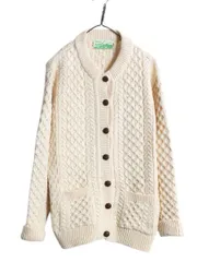 【お得なクーポン配布中!】 アイルランド製 フィッシャーマン メリノ ウール ニット カーディガン レディース M アラン ケーブル セーター ナチュラル 前開き 羽織り