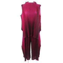 極美品△PLEATS PLEASE プリーツプリーズ イッセイミヤケ PP83-JT541 PP83-JF542 ハイネック ノースリーブ カットソー ワイドパンツ セットアップ ブラック ピンク 3/1 日本製 正規品 レディース