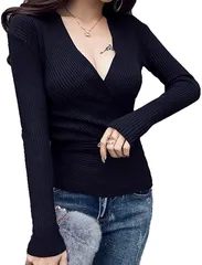 FUPUTWO ニット セーター レディース Vネック トップス 胸元 セクシー 長袖 リブ カシュクール ボディコン タイト( ブラック,  Free Size)