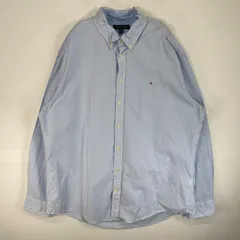 古着 トミーヒルフィガー TOMMY HILFIGER 長袖シャツ ロゴ　刺繍 ボタンダウン 大きいサイズ XXL  水色 ストライプ メンズ