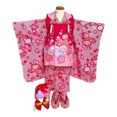 レトロ　七五三　3歳児　被布セット　桜　赤×ピンク