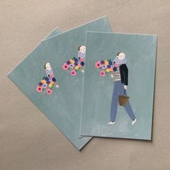 「Bouquet」ポストカード　３枚セット　パリ　シネマ　散歩　花束　アネモネ　パリジェンヌ　ボーダー　女の子