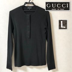 ■極美品■GUCCI グッチ　リブニットトップス　ヘンリーネック　長袖　カギホック比翼仕立て　sizeL  イタリア製　エラスタン混コットン　ブラック　レディース