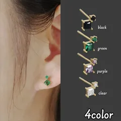 スクエアストーンピアス ゴールド 小さめ 上品 4色 ブラック グリーン パープル クリア レディース アクセサリー 両耳用