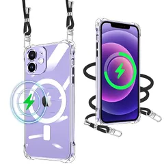 iPhone 12 用 ケース クリア Magsafe対応 マグネット搭載 ショルダー ストラップ付 iPhone12 用 携帯カバー 耐衝撃 全面保護 アイフォン12 用 スマホケース 紐付き 肩がけ 首掛け 縄掛けケース TPU 薄型 軽量 き調節可能
