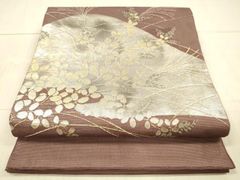 名古屋帯】夏帯 開き仕立て 洗える 銀糸 流水に草葉柄 京藤色 薄物