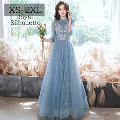 파티 드레스 원피스 이브닝 드레스 큰 사이즈 블루 블루 투명감사은회 결혼식 롱 길이 XS SML XL LL 2XL XXL 페미닌 지퍼 타입 파티 불려 착비 레이스 자수