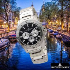 メンズ 腕時計 Jacques Lemans スポーツダイバー クォーツ 国産クロノグラフ SSブラック文字盤 1670F1 ベルト調整簡単工具プレゼント