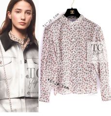 シャネル ブラウス CHANEL 24PA 2024 ホワイト レッド CC ロゴ 花柄 トップス 新品同様 34