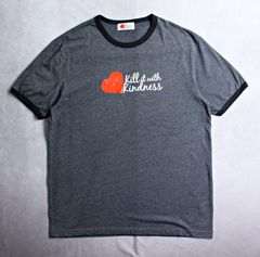 【KILL IT WITH KINDNESS】リンガーＴシャツ XLサイズ チャコールｘブラック いじめ防止メッセージＴシャツ