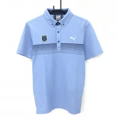 【美品】プーマ 半袖ポロシャツ 杢ブルー×ネイビー 胸元ライン ロゴ刺しゅう メンズ M ゴルフウェア PUMA