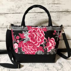 ★セール品(現品限り) 2WAYミニトートバッグ 花柄 ブラック&ピンク ハンドメイド メンズ レディース ハンドバッグ