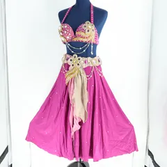 【エジプト製 ベリーダンス用オリエンタル衣装】パープル Magic ラインストーン ビーズ 豪華 紫 花柄 スリット 可愛い 鮮やか ブラトップ スカートセット 華やか シルバー ゴールド ストレッチ素材