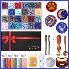 Ray Leaf シーリングスタンプ 『豪華コンプリートセット』 シーリングワックス セット 印面ヘッド4種 ギフトボックス付き 初心者セット 手紙 招待状 ギフト デコレーション 取扱説明付き (スタンプヘッドB：肉球・くじら・月と猫・三日月)