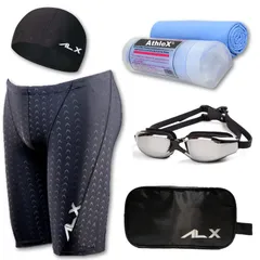 【人気】AthleX(アスレエックス) メンズ 水着 フィットネス 競泳水着 男性 スイミング ゴーグル 水中眼鏡 スイムキャップ セイムタオル セーム 大きいサイズ プール備品 5点セット