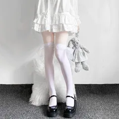 ニーハイソックス 未使用 レディーズ レース オーバーニーソックス 着圧 cosplayや制服用 ロングソックス 長さ60cm丈 ホワイト zhangban370