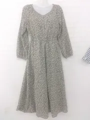 ◇ MAJESTIC LEGON 花柄 ウエストゴム 長袖 ロング フレア ワンピース サイズ M グレージュ系 マルチ レディース E  【1305160027263】