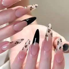 Liberte555 ネイルチップ ヒョウ柄 ギャル 子供 付け爪 長い 地雷系 可愛い キラキラ シール グッズ(マルチカラー7,  ロング)