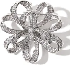 TIGLOSS ティグロス ブローチ ジルコン ジルコニア クリスタル リボン 記念日 お祝い コサージュ セレモニー シルバー ゴールド フォーマル ジェケット スーツ ギフト 結婚式 お呼ばれ ドレス パーティー ピン おしゃれ(シルバー)