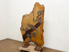 ●楼舟?「金鶏松枝」一枚板 木彫り衝立 パーテーション 間仕切り ついたて 彫刻 作家物 在銘 和風インテリア(貝1034)
