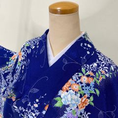 小紋 洗える着物 裄66.5cm 身丈158cm 花柄 袷 お洒落着 普段着 ポリエステル 青 美品 M サイズ 3870