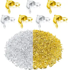 【迅速発送】ボールチップ 金具 カシメ玉（つぶし玉） 付き 約8mm 玉約2mm ヒモ留め 約400組 ハンドメイド アクセサリー パーツ ビーズ 手芸材料 ジュエリー DIY用 (ゴールド+シルバー)