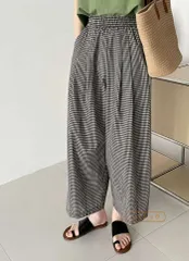 ワイドパンツ レディース アンクル丈 ギンガムチェック柄 イージーパンツ 綿麻風 パンツ ボトムス 大人カジュアル ナチュラル 森ガール ズボンバギー ウエストゴム 大きいサイズ taochuan39