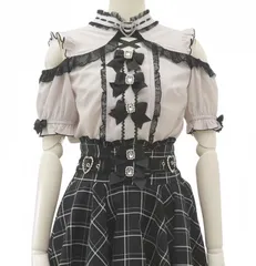 新作 地雷系 露肩パールカラー 大リボン付き 半袖ブラウス＆ウエストマークスカート ハート型バックル 甘ロリ ジライ系 可愛い系 S～XL