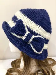 ハンドメイド　ネイビー　ボーダー　バケットハット　クラッシャーハット　クラッシュハット　ニット帽ベレー帽