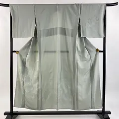色無地 身丈153cm 裄丈67cm M 単衣 地紋 薄緑 正絹 優品 一つ紋 【中古】