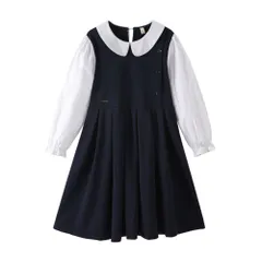 ☆ ネイビー ☆ 140cm ☆ ワンピース フォーマル lyop229 ワンピース フォーマル 女の子 キッズ キッズワンピース ドレス 子ども服 子供服 襟付き 襟 長袖 白襟 こども 子供 子ども 無地 コットン 快適 お姫様 プリンセス