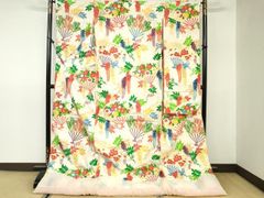 夏大島　ややゆったり 夏大島紬藍染小紋横縞夏用着物042w p