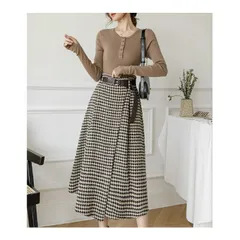 ウエストベルト ラップ チェック スカート カジュアル ウエストゴム 上品 きれいめ / レディース ふんわり 起毛 ロング ボトムス ウール 巻きスカート 柄 大きいサイズ Aライン 韓国 ハイウエスト ミモレ丈 フレア ミモレ