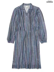 アメリカ 古着 カナダ製 ストライプ柄 ロング丈 長袖 ワンピース 青 グレー 