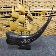 SET-20250411-02 水牛 角 船 希少品 昭和レトロ 時代物 ディスプレイ 置物 飾り 舟 帆 シップ セイル　工芸品　アンティークのサムネイル