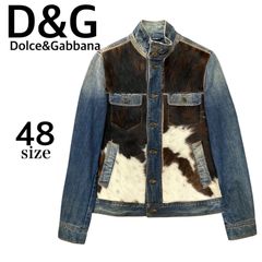 m11 DOLCE&GABBANA ドルチェアンドガッバーナ ドルガバ ディーアンドジー DGプレート ホースファー切替 デニムジャケット 48 青 白 レザーDGパッチ インディゴブルー ブラウン系 コットン ホース