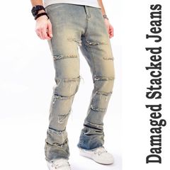 ダメージ シューカット スタックジーンズ ブーツカット ジーンズ フレアパンツ ウォッシュ ブルー ストリート ファッション ロックファッション デニムパンツ バイカー モード系 メンズ ヘビメタ 脚長 V系 ロック系 春