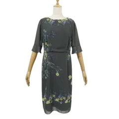 スーナウーナ 美品 定2.9万 フラワープリント ワンピース カーキ 38 M 545-59007 5分袖 ミモレ丈 ポリエステル 洗える SunaUna