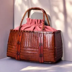 職人手作り・天然竹編み茶道バッグ 巾着付き 手作り竹編み大容量 かごバッグ ハンドメイド 竹編みバッグ 籠 竹籠 プレゼント 和風バッグ 竹編み巾着バッグ インテリア ギフト  SGYP114