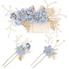 HUAZONTOM 髪飾り ヘアアクセサリー ヘッドドレス パール 花 和装髪飾り 浴衣 和装小物 かんざし 3点セット ピン コーム ウェディング 成人式 卒業式 結婚式 おしゃれ (水色)