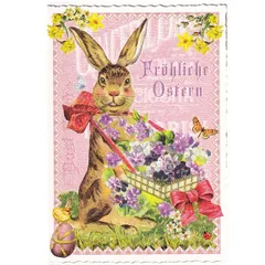 ポストカード  ドイツ 製  ハッピーイースター すみれの花かごとうさぎ 　イースター　ラメ グリーティングカード 絵はがき 雑貨 小物　ウサギ うさぎ　すみれ