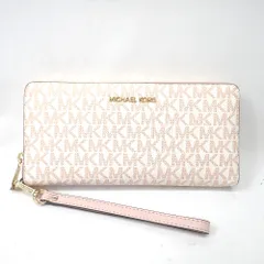Ft1266151 マイケルコース 長財布 ラウンドファスナー JET SET TRAVEL コンチネンタル ジップウォレット MKロゴ 総柄 ピンクベージュ レディース Michael Kors 中古