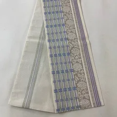 半幅帯 秀品 博多織 証紙 格子 花唐草 灰白 正絹 【中古】
