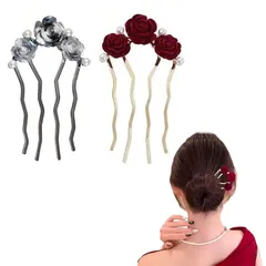 YANHUILAY ヘアコーム【2個セット】夜会巻きコーム バラ パール 髪飾り 夜会巻き ヘアアクセサリー まとめ髪 髪留め 盛り髪 お団子 簡単 和装 普段使い 結婚式 パーティー 成人式 卒業式 入学式 浴衣 着物 レディース 1