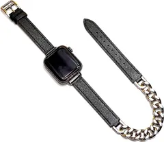 Royce&Roland Apple watch チェーン ＆ レザー ベルト 40mm 41mm 42mm おしゃれ アップルウォッチ バンド レザーバンド/ステンレス 本革/シルバー Series(ブラック,  40mm 41mm 42mm)