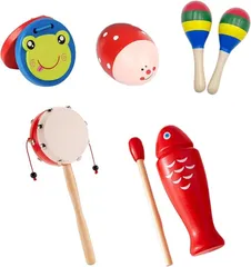 ルナリ 楽器 5種 6点セット 打楽器 カスタネット 木魚 マラカス ボール でんでん太鼓 演奏 知育 パーカッション