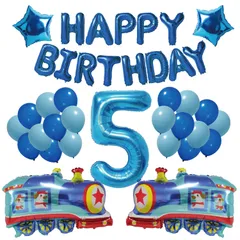 【在庫処分】男の子 アルミバルーン ブルー train 飾り付け 犬 ５歳 運転手さん 誕生日 ナンバーバルーン 電車 数字 【風船屋】選べる数字 (5歳)