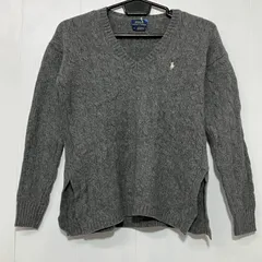 ラルフローレン カシミア混 ケーブルニット Vネック グレーXS ロゴ白