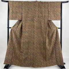 小紋 身丈162cm 裄丈64.5cm M 袷 紬地 菅原健二 落款 草花 ぼかし 漢方染 茶色 正絹 美品 名品 【中古】
